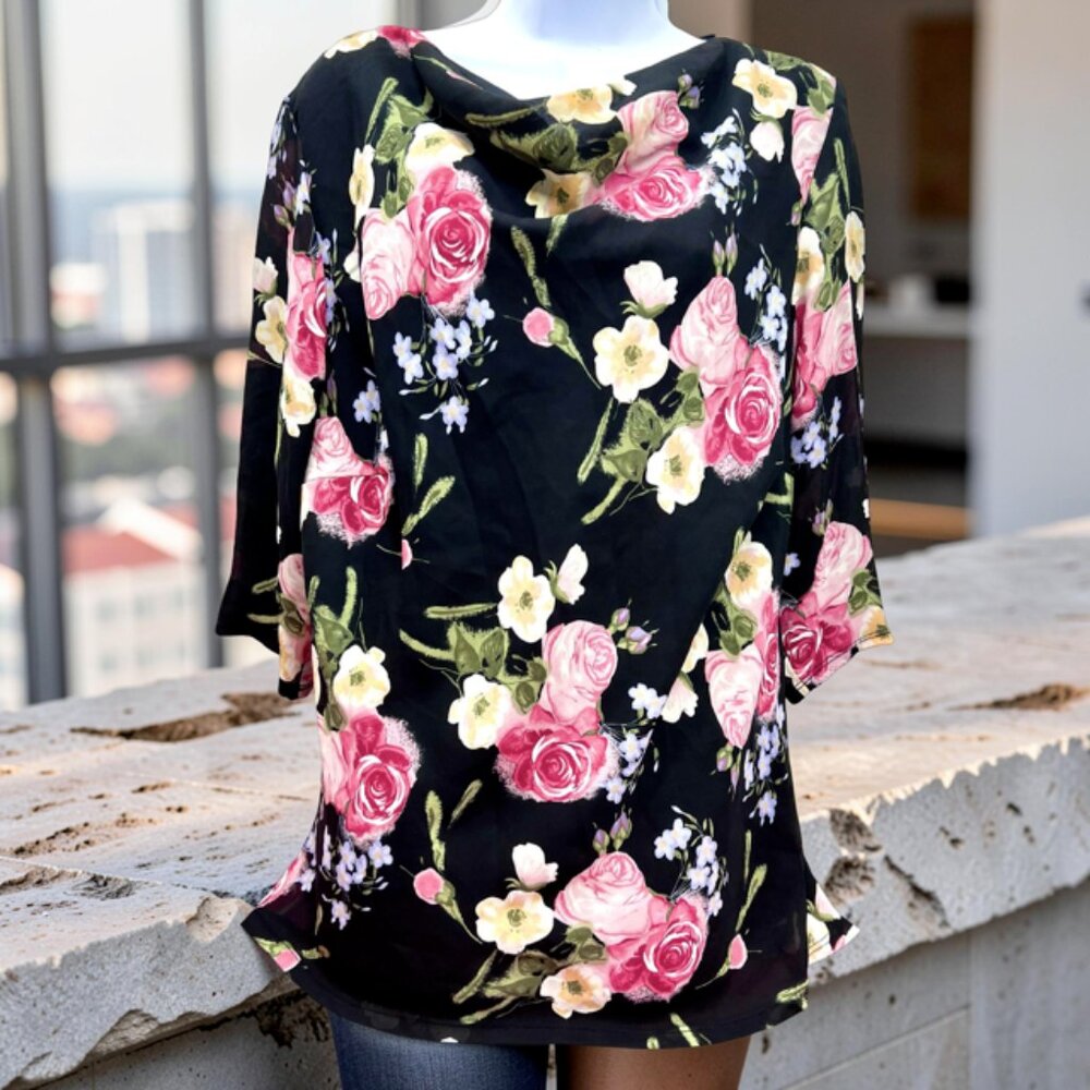 Fred David & Only Nine Blouse  XL V-Neck  pink Ivery  Flora Long Sleeve(#54 - Picture 3 of 10